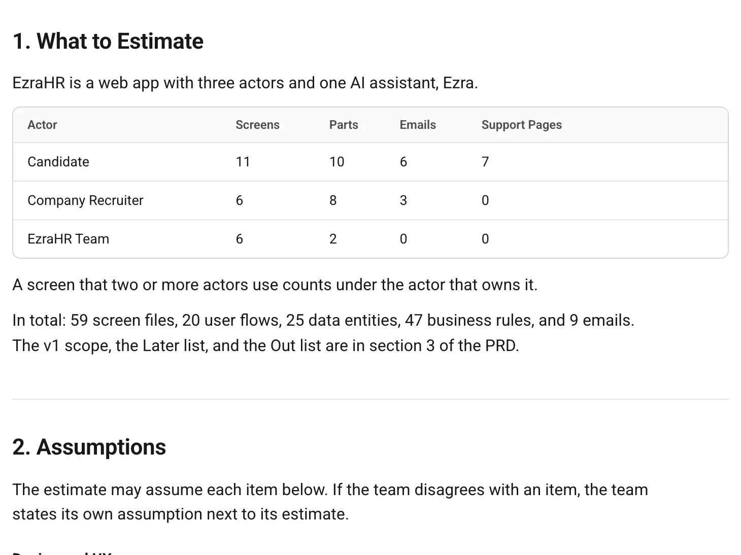 Estimation brief: what to estimate, per user type