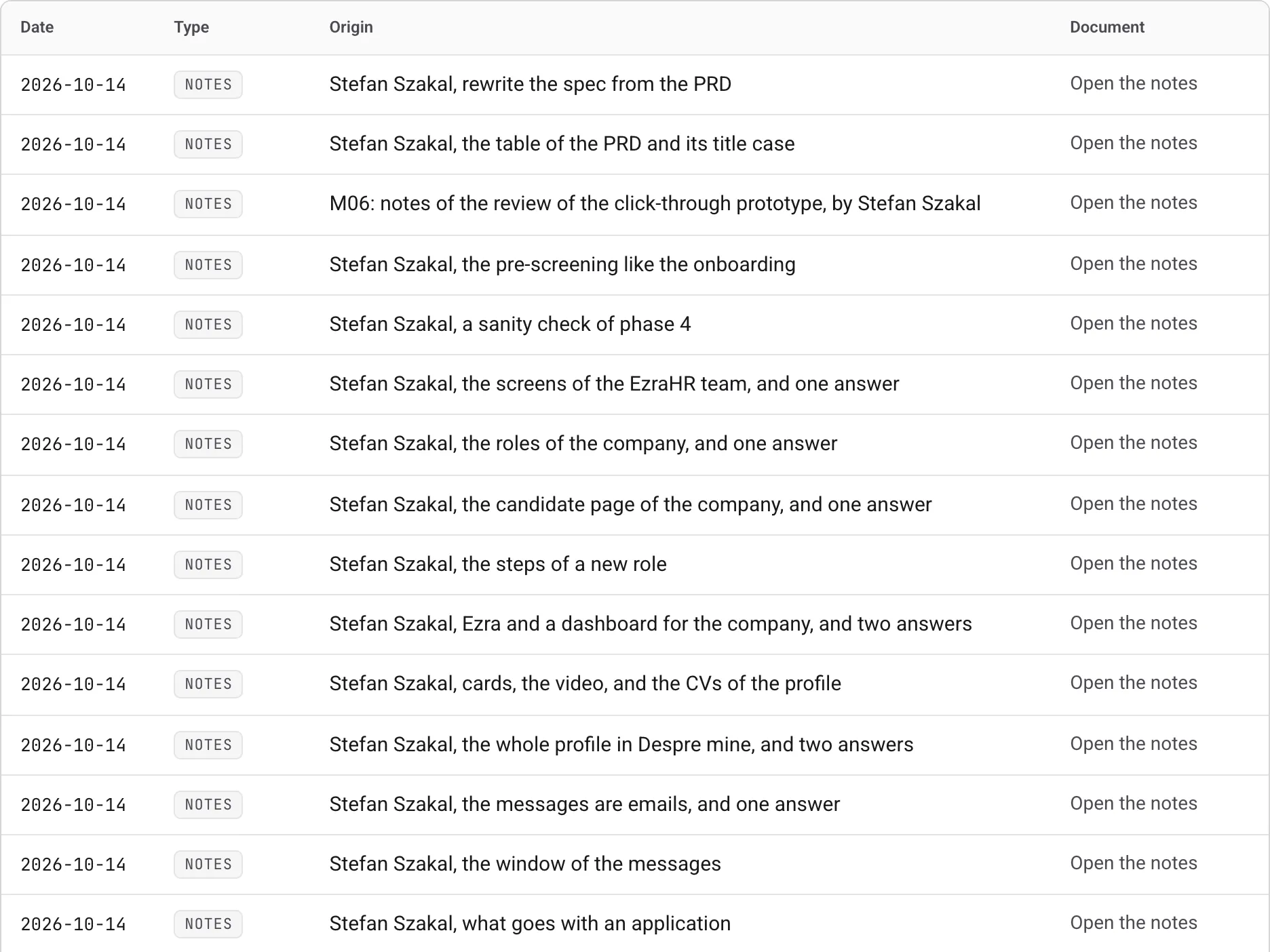 EzraHR sources: every set of notes, with its date