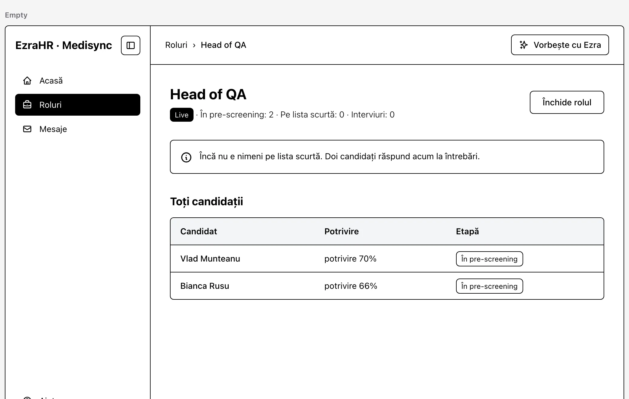 The empty state of the shortlist screen
