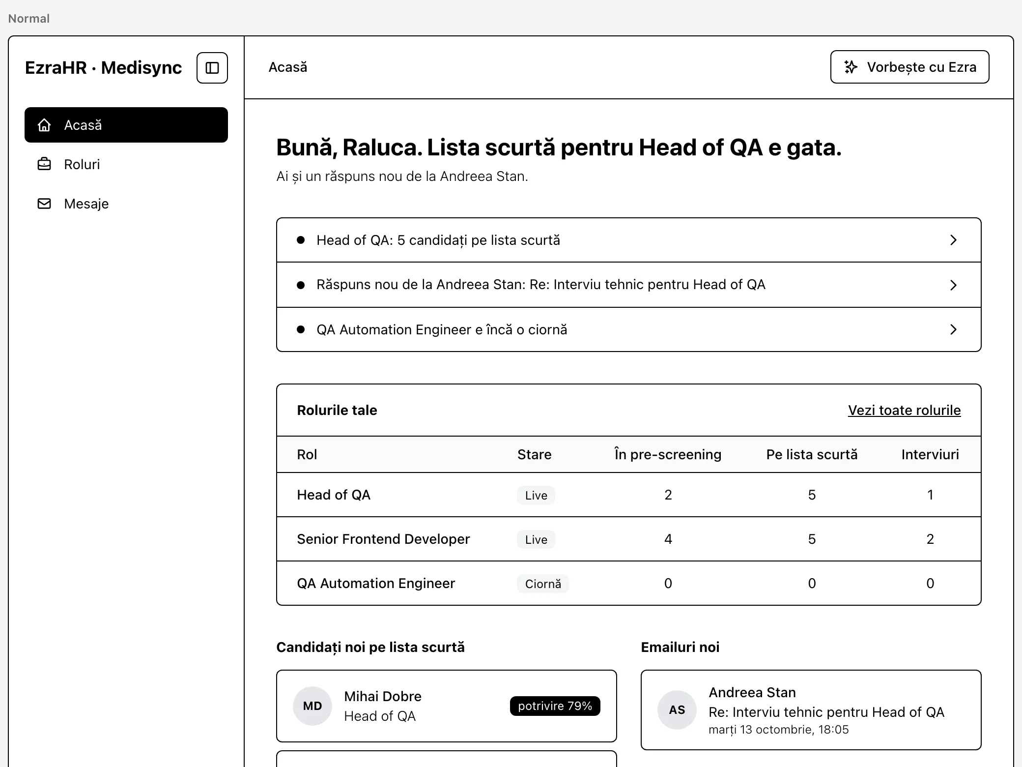 Wireframe of the company recruiter’s home screen with Romanian copy and sample data